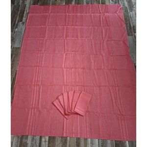 Vintage Tablecloth & Napkin Set Crochet Striped Salmon Pink 7 Pc Retro Party